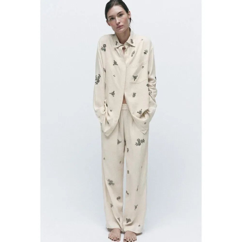 Zara Womens White Jeweled Shirt Linen Button Front S Long Sleeve 7521/963 NWT